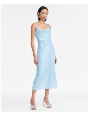 Light Blue Sequence Satin Cowl Neck Midi Dress